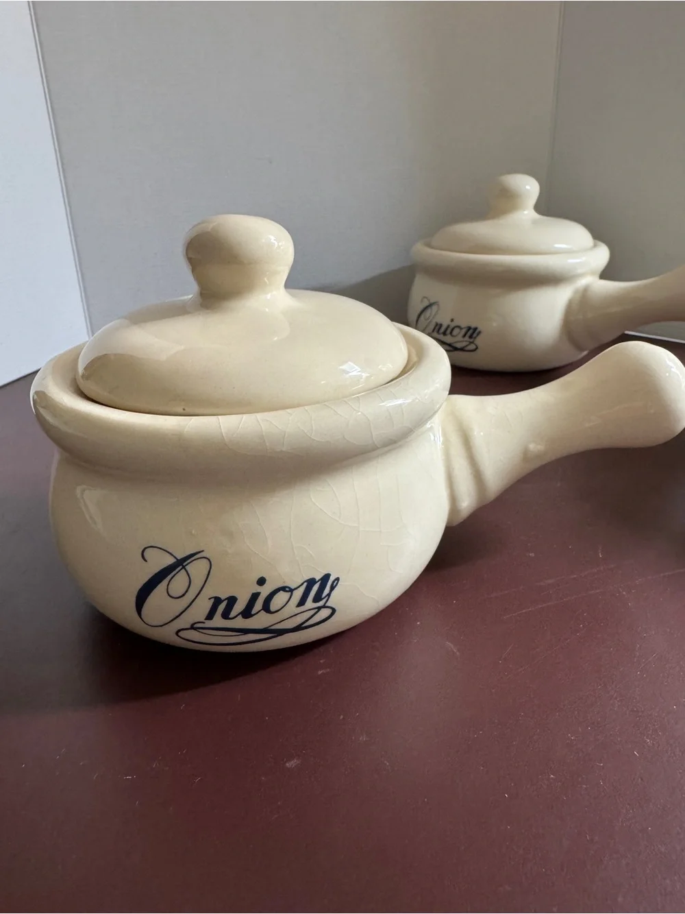 Cream and blue  'Onion' Stoneware  French Soup Bowls with Lids - Set of 4